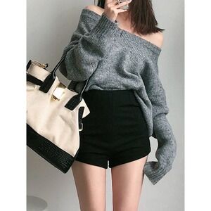 Commense Solid High Waist Zip Shorts black size M/6‎